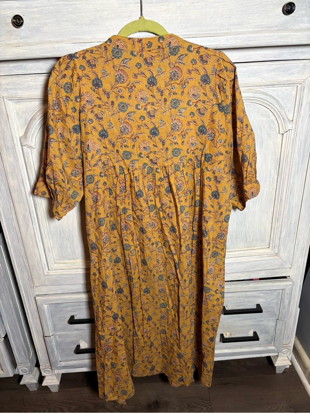 Golden Ochre Floral Block Print Empire Flowy Midi Dress European Effortless Boho - Picture 8 of 9